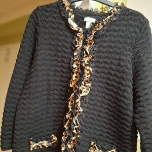 Chico's Size 2 Black Cardigan with Leopard Frilly Collar and False Pockets